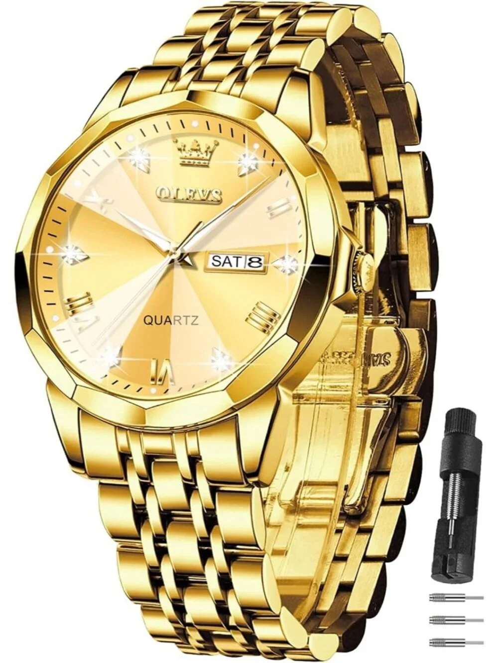 Men's Gold Diamond Stainless Steel Band Waterproof Roman Numbers Classic Watch